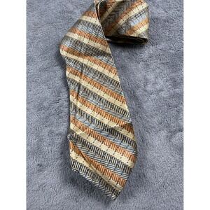 Bruno Piattelli Extra Long Silk Tie Gold Orange Blue Herringbone Stripe Mens USA